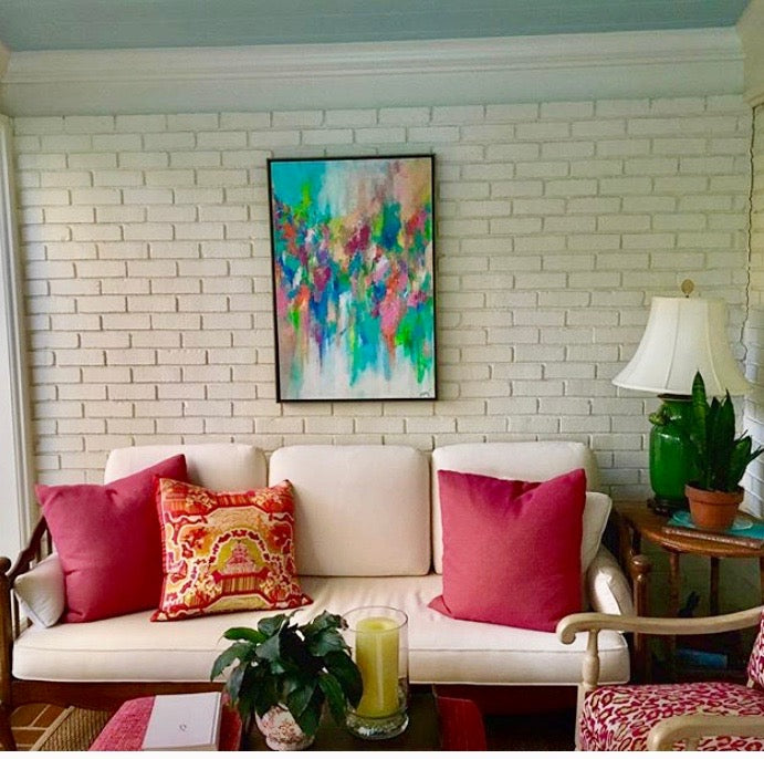 pink outdoor patio painted exposed brick wall abstract original art